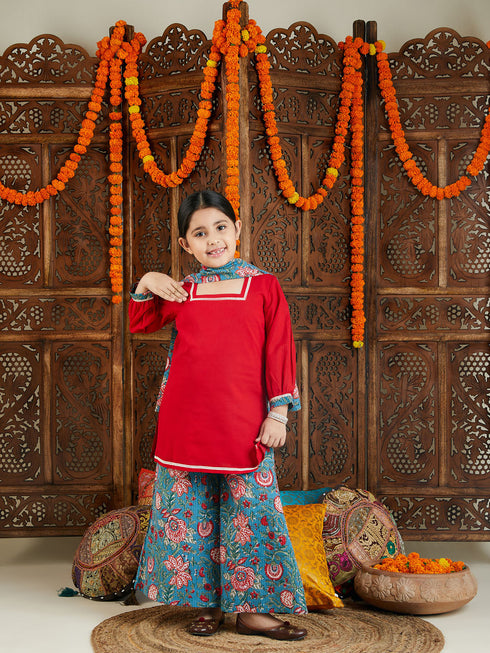 VASTRAMAY Girls Red kurta and Palazzo Pant Dupatta Set